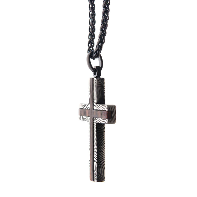 Black plated Stainless Steel Damascus cross with Ebony Wood Inlay