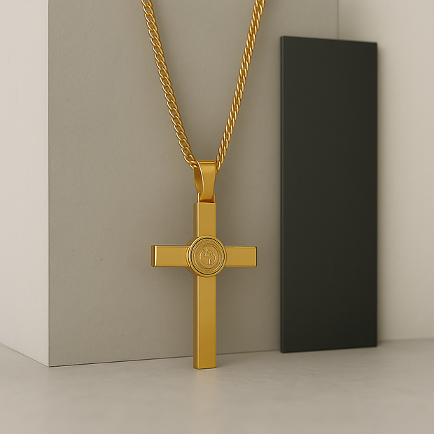 St. Benedict Gold Cross Necklace for Men – Stainless Steel Franco Chain