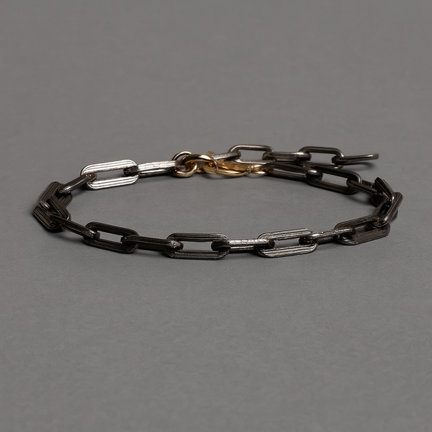 Men’s Oxidized 925 Silver Chain Bracelet – Adjustable with Gold Clasp