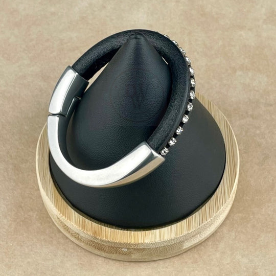 Arena Leather Bracelet in Clear Crystal Chain on Black Leather –Silver Magnetic Clasp
