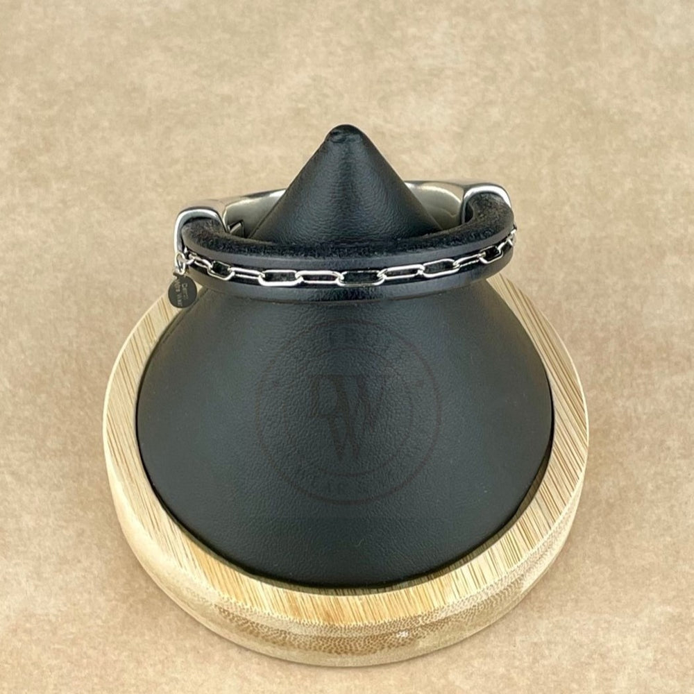 Arena Leather Bracelet in Silver Rhodium Chain on Black Leather –Silver Magnetic Clasp