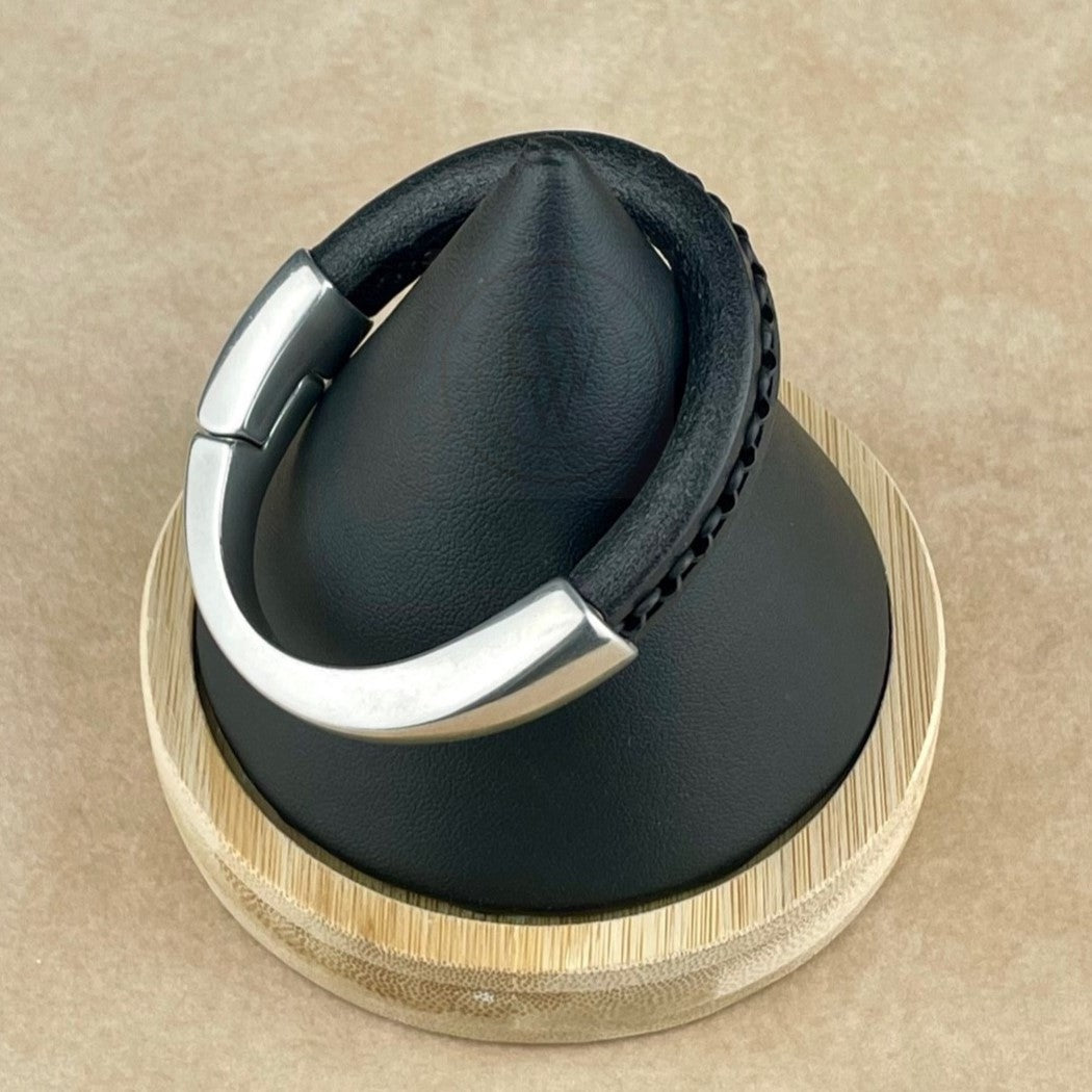 Arena Leather Bracelet in Black Chain on Black Leather–Silver Magnetic Clasp