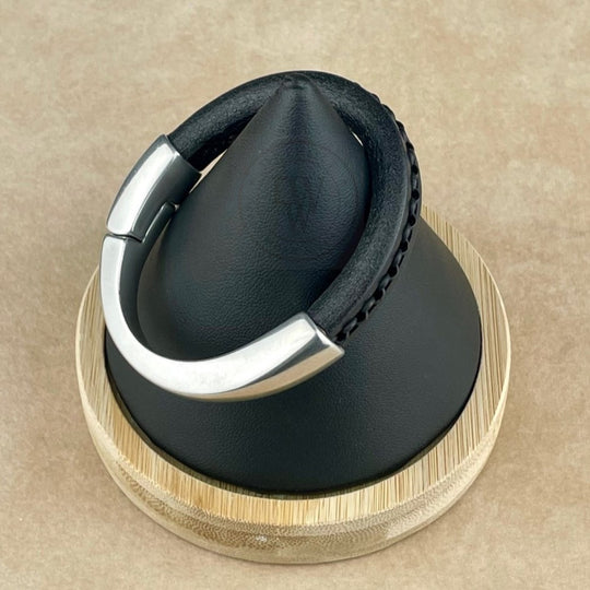 Arena Leather Bracelet in Black Chain on Black Leather–Silver Magnetic Clasp