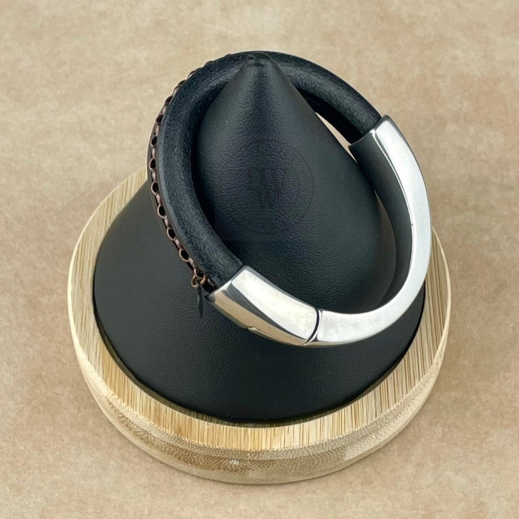 Arena Leather Bracelet in Antique Copper Chain on Black –Silver Magnetic Clasp