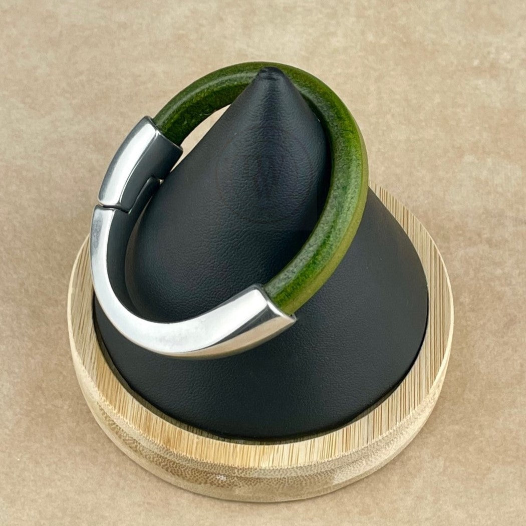 Arena Leather Bracelet in Distressed Grass Green –Silver Magnetic Clasp