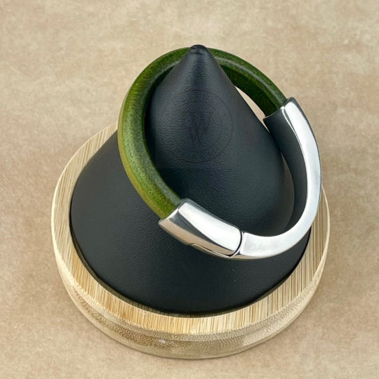 Arena Leather Bracelet in Distressed Grass Green –Silver Magnetic Clasp