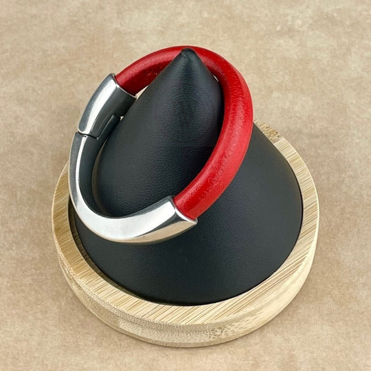 Arena Leather Bracelet in Coral Red –Silver Magnetic Clasp