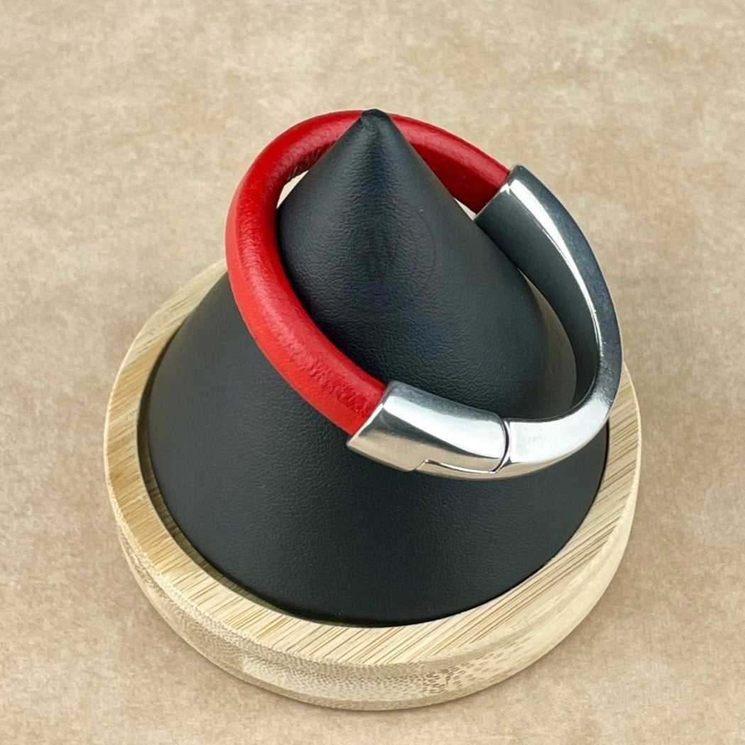 Arena Leather Bracelet in Coral Red –Silver Magnetic Clasp