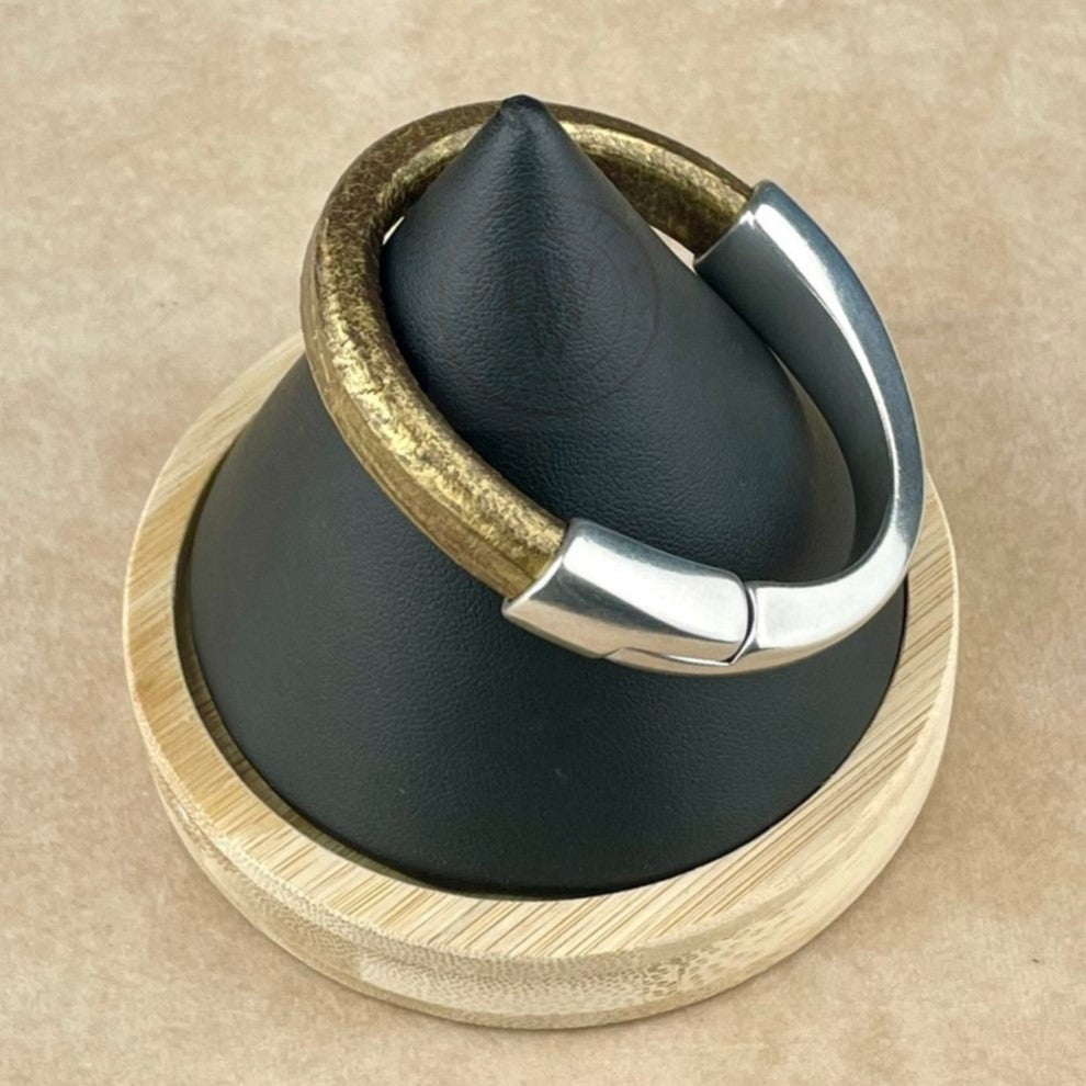Arena Leather Bracelet in Metallic Gold Brown –Silver Magnetic Clasp