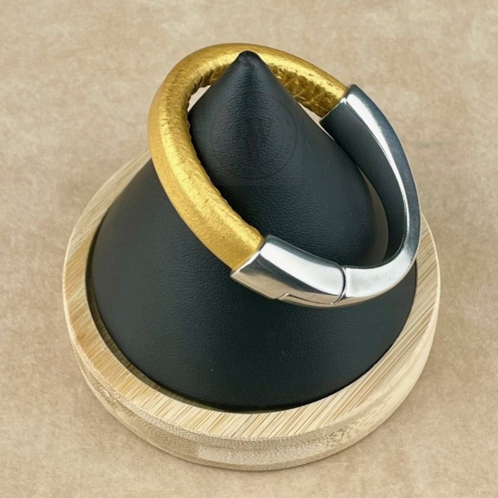 Arena Leather Bracelet in Metallic Gold –Silver Magnetic Clasp