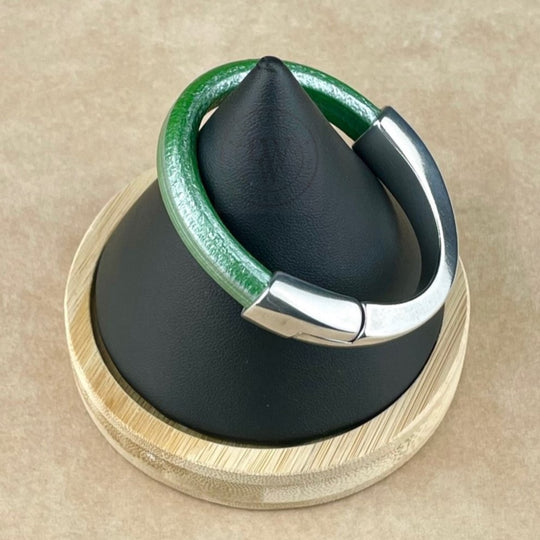 Arena Leather Bracelet in Metallic Kelly Green –Silver Magnetic Clasp