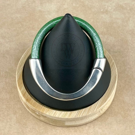 Arena Leather Bracelet in Metallic Kelly Green –Silver Magnetic Clasp