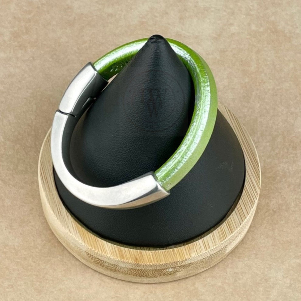 Arena Leather Bracelet in Metallic Pistachio –Silver Magnetic Clasp