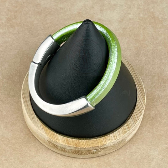 Arena Leather Bracelet in Metallic Pistachio –Silver Magnetic Clasp