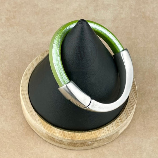 Arena Leather Bracelet in Metallic Pistachio –Silver Magnetic Clasp