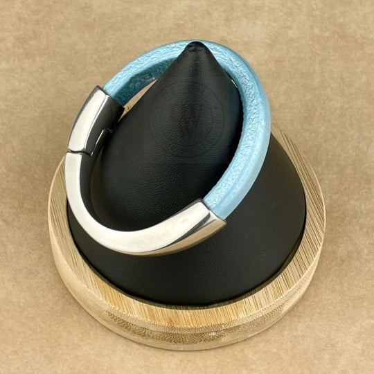 Arena Leather Bracelet in Metallic Sky Blue –Silver Magnetic Clasp