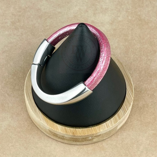 Arena Leather Bracelet in Metallic Fuschsia –Silver Magnetic Clasp