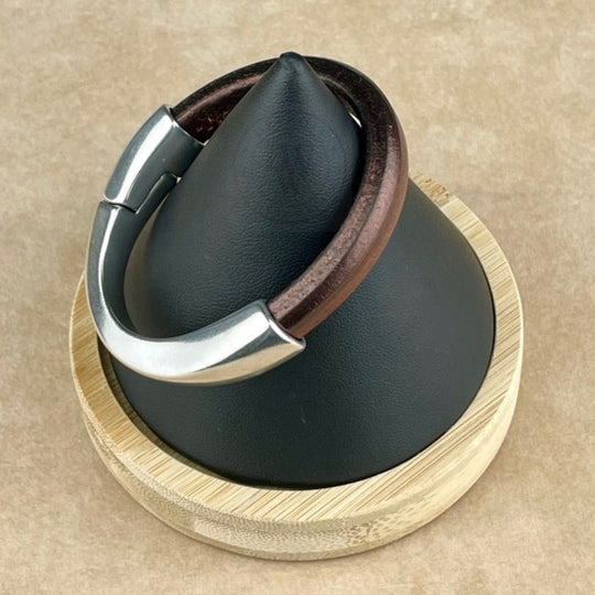 Arena Leather Bracelet in Metallic Burgundy –Silver Magnetic Clasp
