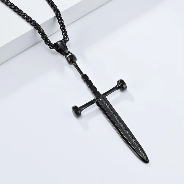 Men’s Black Sword Cross Stainless Steel Pendant Necklace with Link Chain