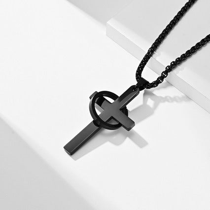 Men's Stainless Steel Black Cross Necklace with Interlocking Ring Cross Pendant