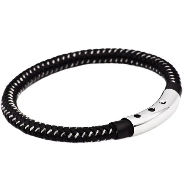 Men's Woven Black Leather and Stainless Steel Bracelet – Adjustable 8 to 8.5 Inches