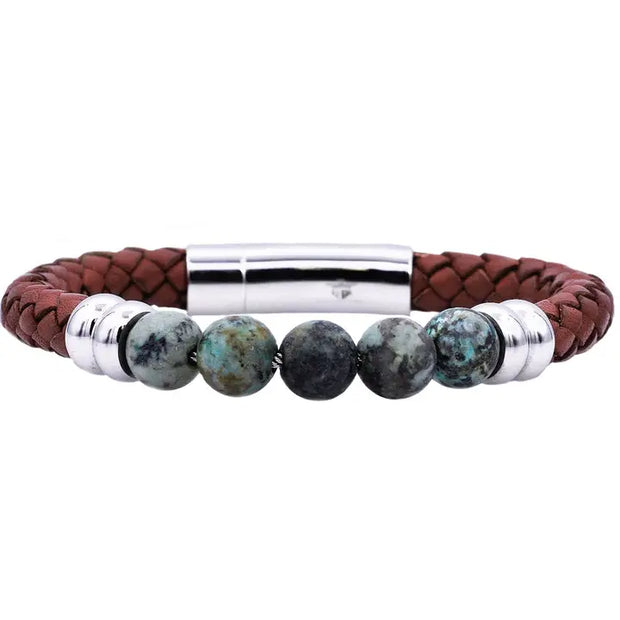 Men’s African Turquoise & Brown Leather Stainless Steel Bracelet — 8.5"