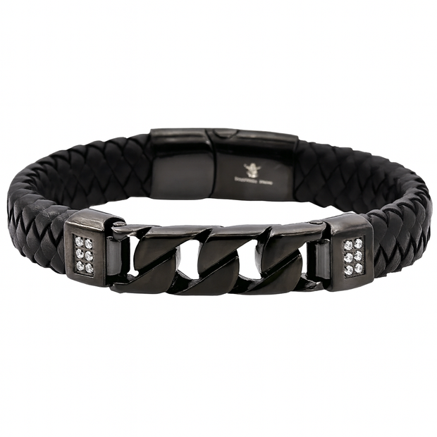 Men's Black Leather & Steel Curb Link Bracelet with CZ Accents