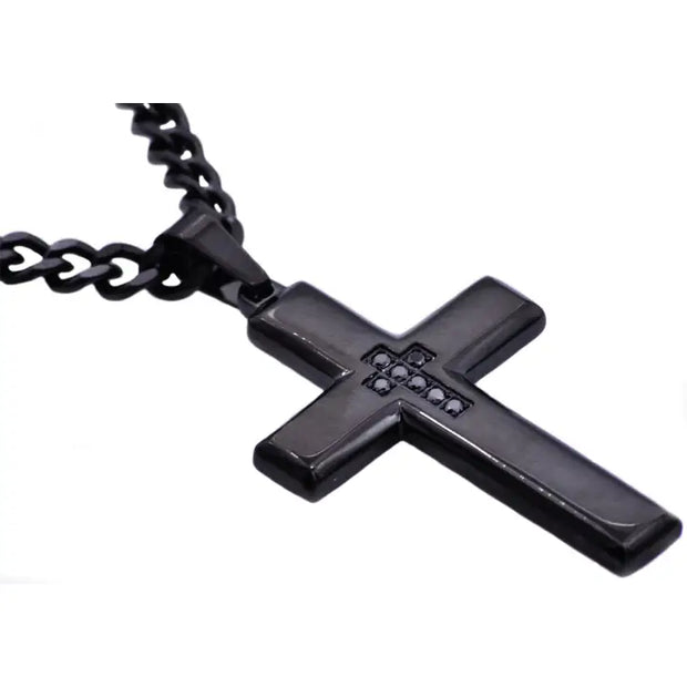 Men’s Black Stainless Steel Cross Pendant Necklace with Black Cubic Zirconia - 24" Chain