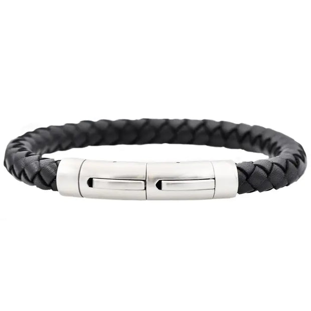 Men's Black Leather & Stainless Steel Extendable Bracelet