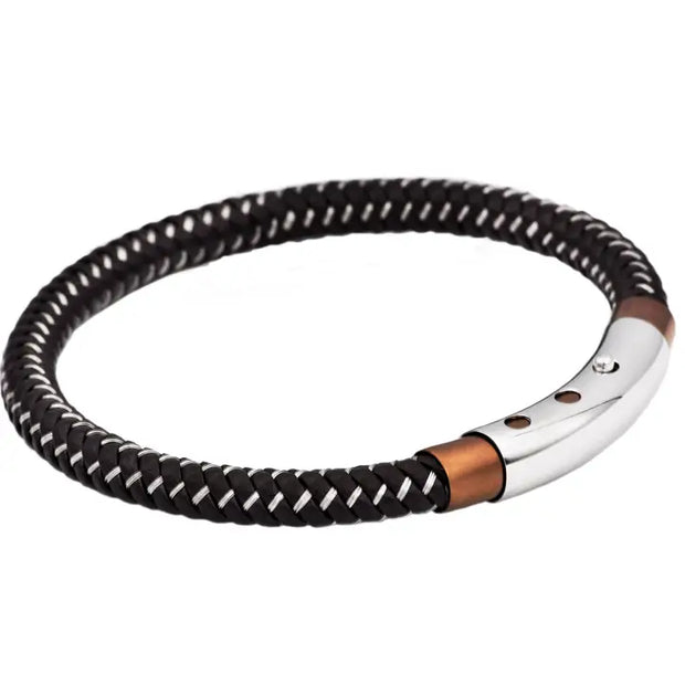 Men's Braided Brown Leather Bracelet with Dual-Tone Stainless Steel Slide-Lock Clasp