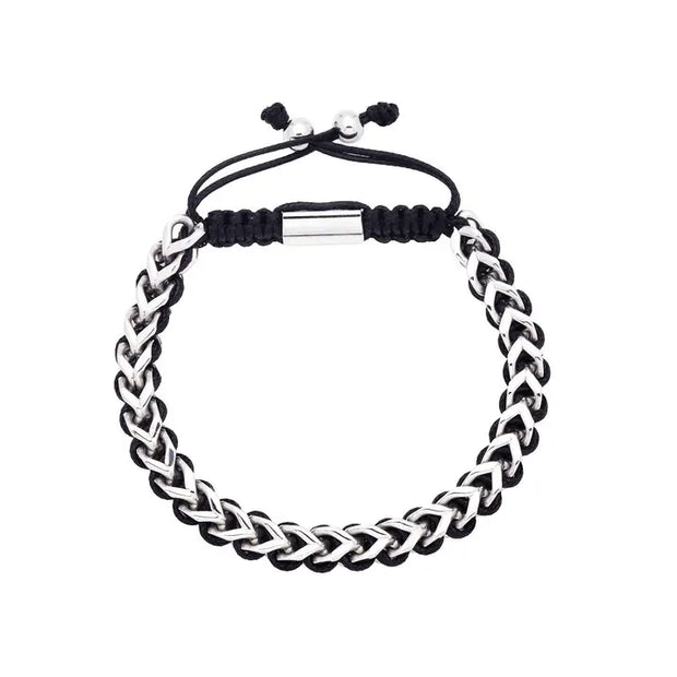 Men’s Polished Stainless Steel 6mm Franco Link Bracelet with Black Drawstring Closure