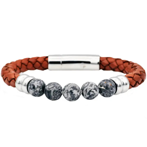 Men’s Genuine Gray Jasper Beaded & Brown Leather Bracelet — 8.5"