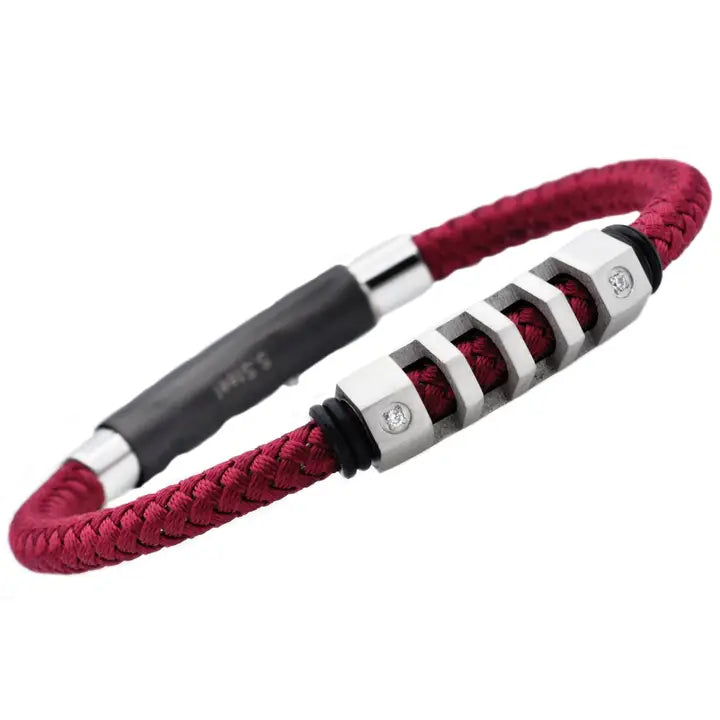 Men's Red Rope Bracelet with Stainless Steel & CZ Accent