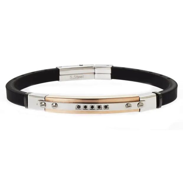 Men's Black Rubber Bracelet with Rose Gold Stainless Steel & CZ Accent