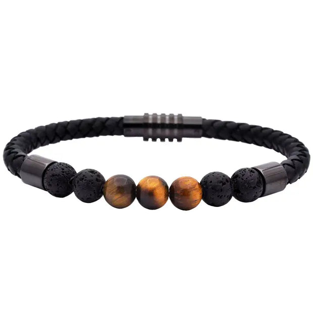 Men's Genuine Tiger Eye & Lava Stone Black Leather Stainless Steel Bracelet — 8.5"