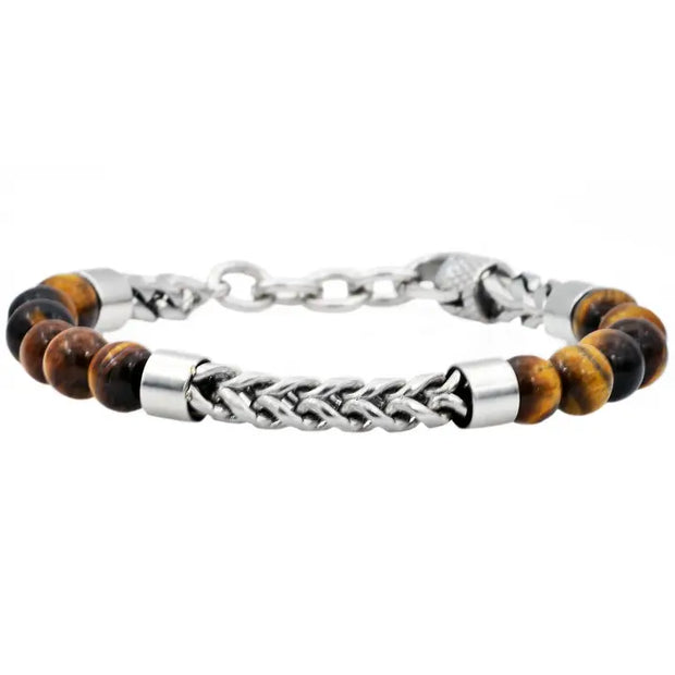 Men’s Tiger Eye Beaded Bracelet with Stainless Steel Franco Chain