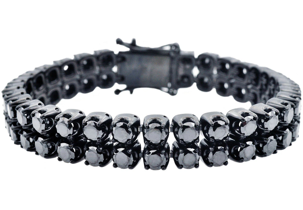 Men's Black Stainless Steel Link Bracelet with Black Cubic Zirconia