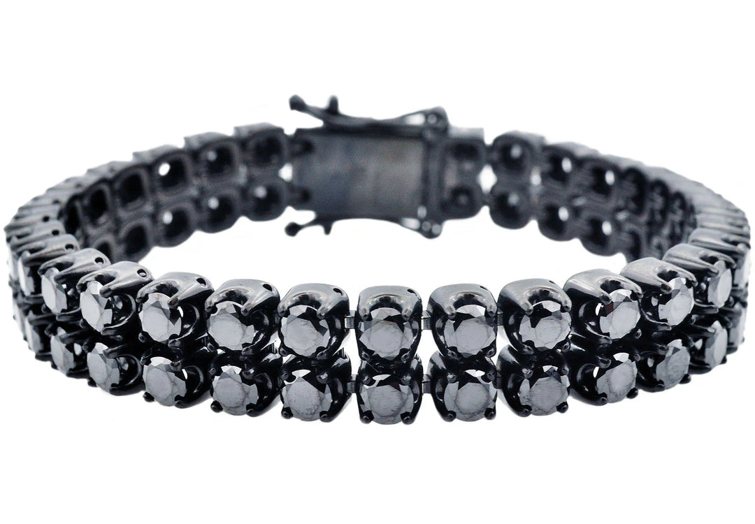 Men's Black Stainless Steel Link Bracelet with Black Cubic Zirconia
