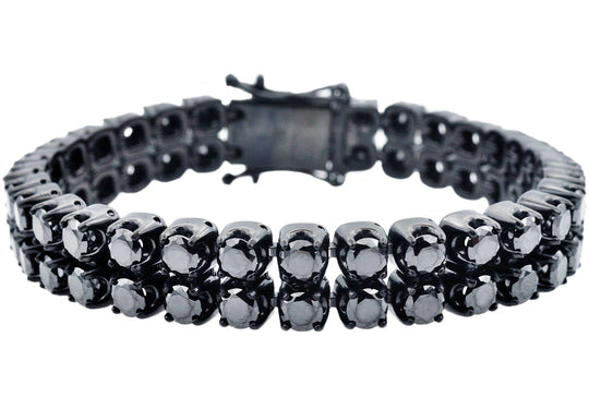 Men's Black Stainless Steel Link Bracelet with Black Cubic Zirconia