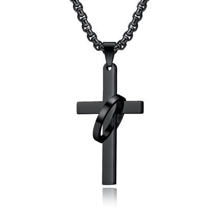 Men's Stainless Steel Black Cross Necklace with Interlocking Ring Cross Pendant