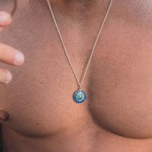 Saint Christopher Necklace for Men – 925 Sterling Silver & Blue Enamel Pendant on 24" Curb Chain