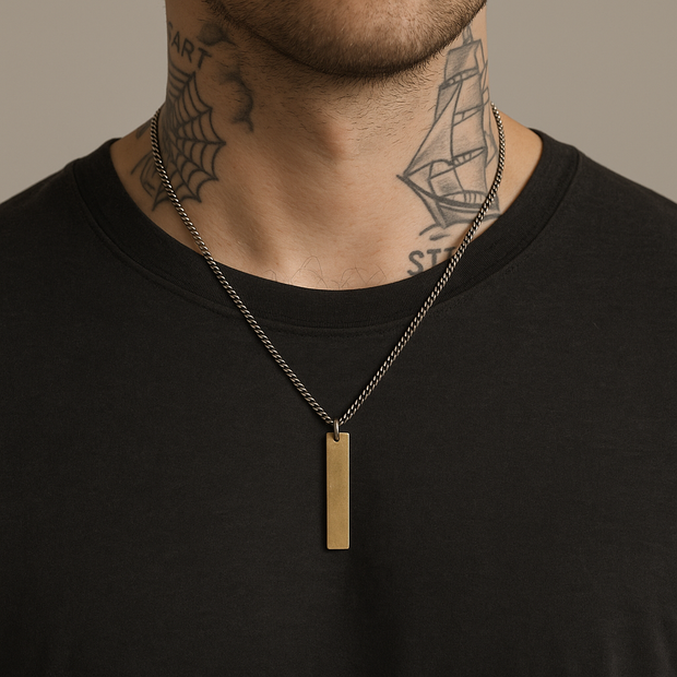 Bronze Tag Necklace for Men on Oxidized Sterling Silver Curb Chain