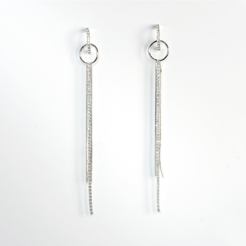 Three Strand Silver Crystal Earrings with Top Ring