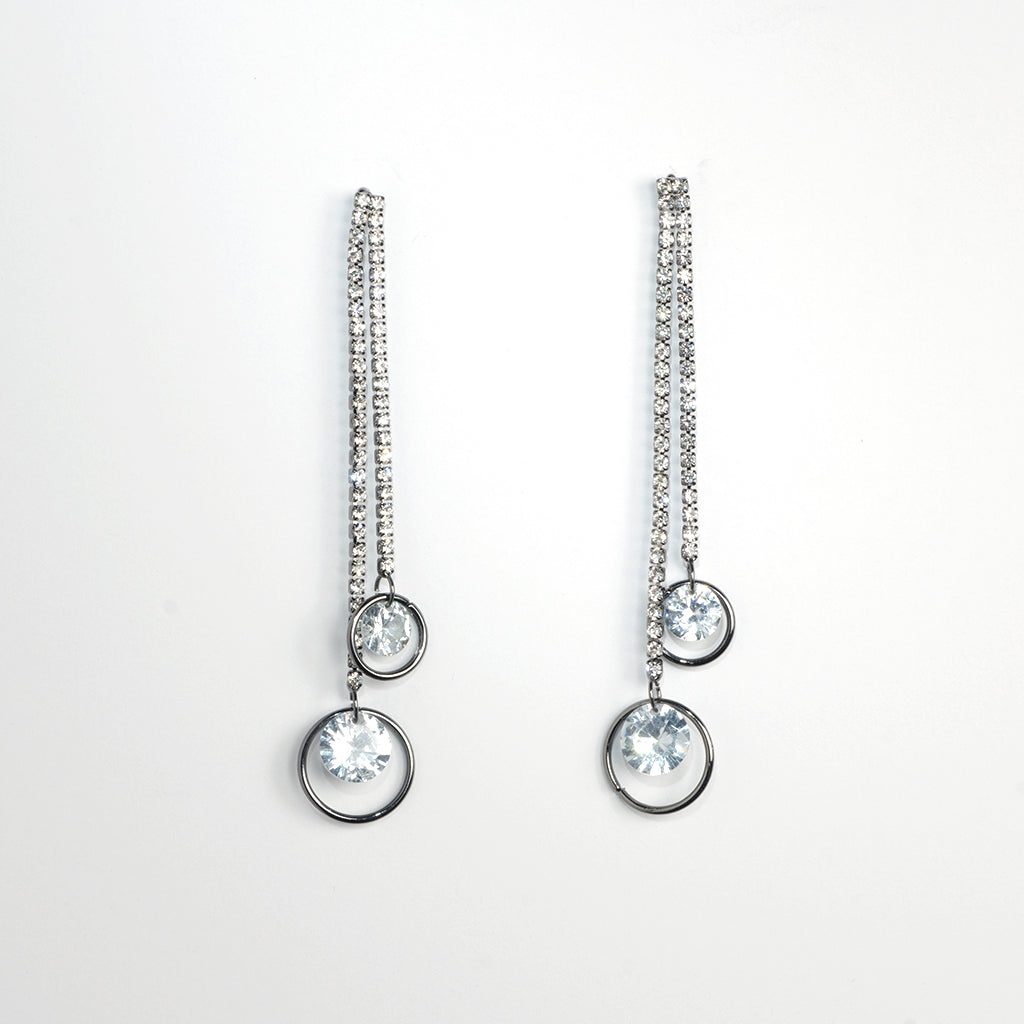 Long Drop Crystal Earrings with Double Rings
