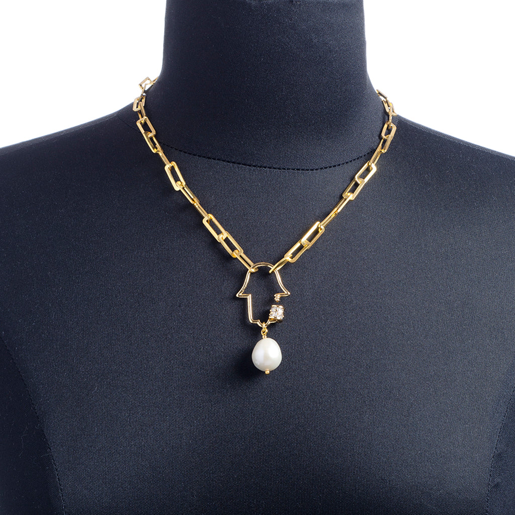 Gold Chain Necklace with Hamsa Hand and Baroque Pearl Pendant