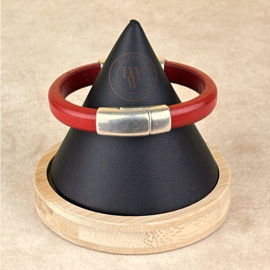 Cobo Leather Bracelet in Cherry Red – Double Silver Magnetic Clasps