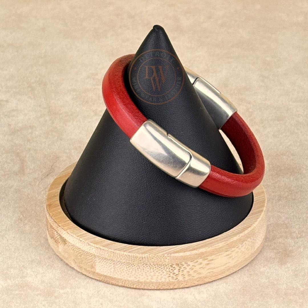 Cobo Leather Bracelet in Cherry Red – Double Silver Magnetic Clasps
