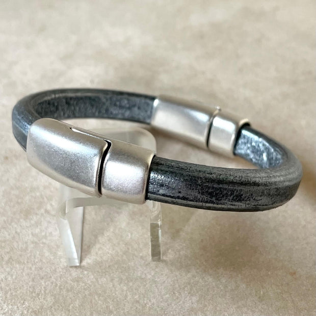 SILVER & GRAY SELECTION -  Cobo Leather Bracelet Collection with <strong>Double</strong> Antique Silver Magnetic Clasps