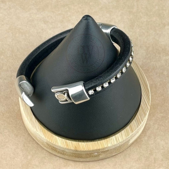Cobo Leather Bracelet in Clear Crystal Chain on Black – Double Silver Magnetic Clasps