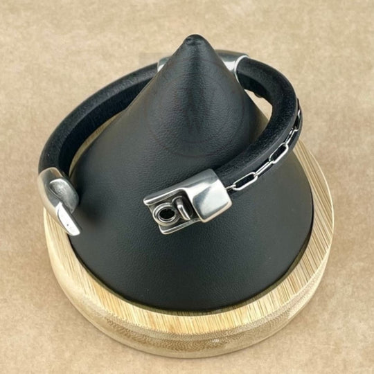 Cobo Leather Bracelet in Silver Rhodium Chain on Black – Double Silver Magnetic Clasps